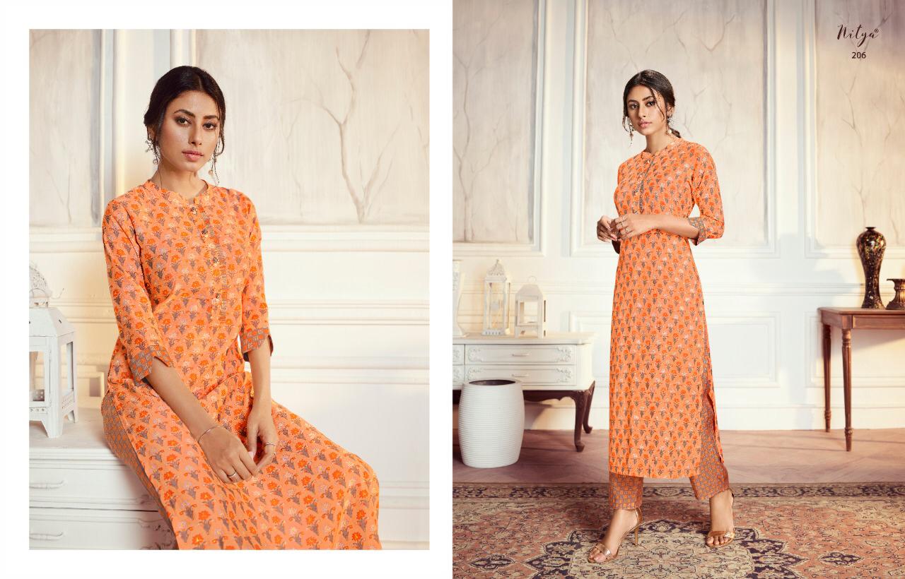 Orange plain cotton long kurti with palazzo - siyani - 2966285