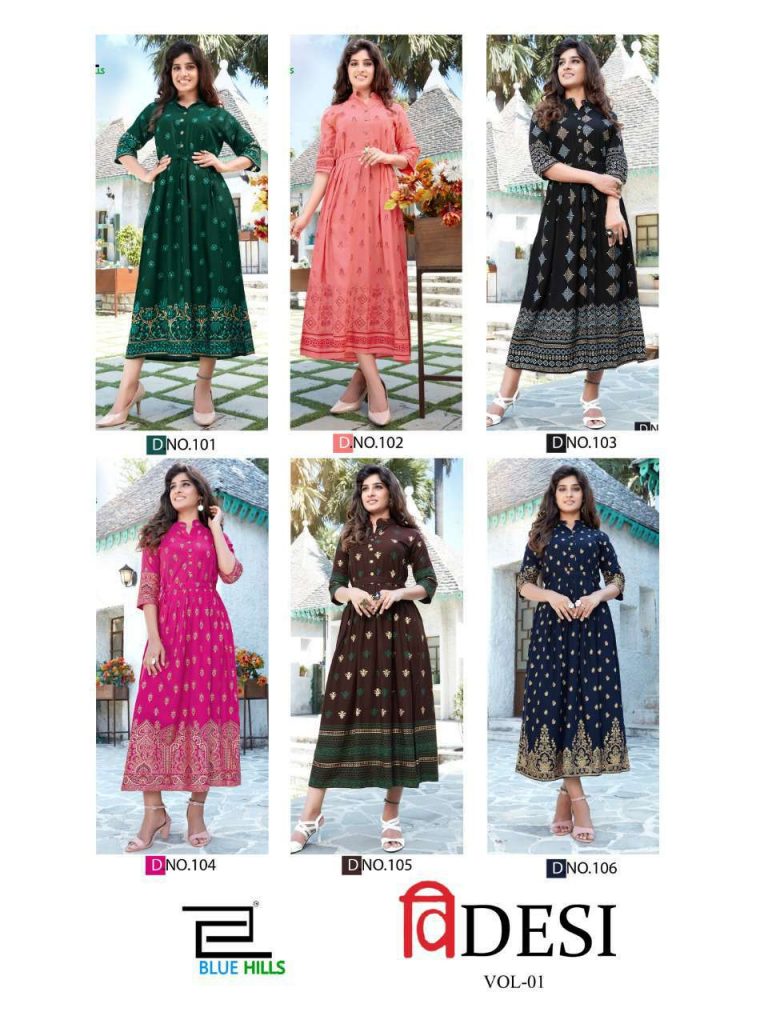Blue Hills V Desi Kurti Wholesale Catalog 6 Pcs