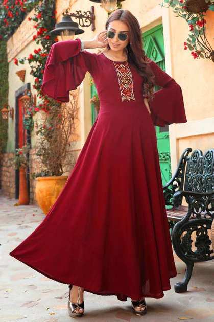 Raashi UK Fashion Wholesale Party Wear umbrella cut kurties with Neck  Embroidery Kurtis - textiledeal.in