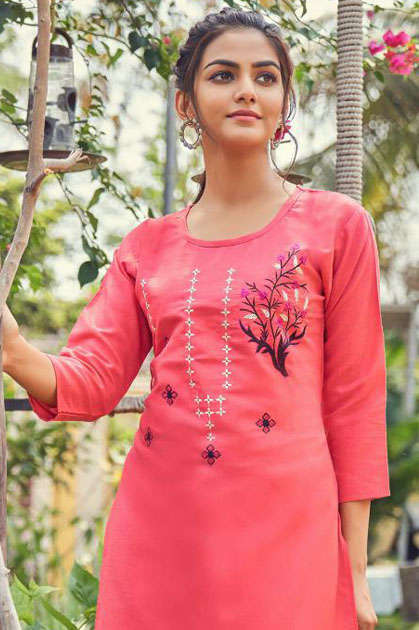 Pastel shade panel cut kurti with neck and sleeves adorned with floral  embroidery and cutbeads. . . Sizes-S,M,L,XL,XXL Delivery -15 to 20... |  Instagram