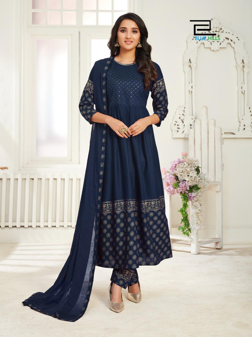 Cotton Embroidered Blue Straight Kurti with Dupatta - KTI1782