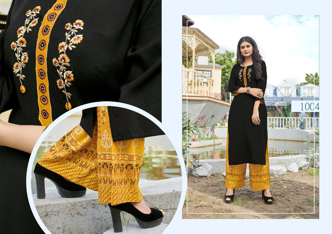 Women's Gold And Pigment Printed Cotton Blend Kurti And Pant Set (Brow –  Modestouzeattires