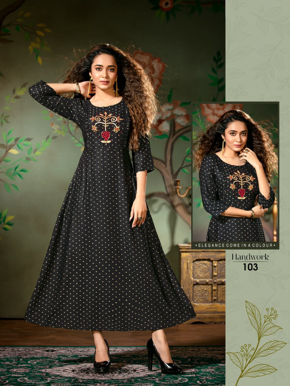 Sophisticated Black Colour Cotton Kurti With Beautiful Aari