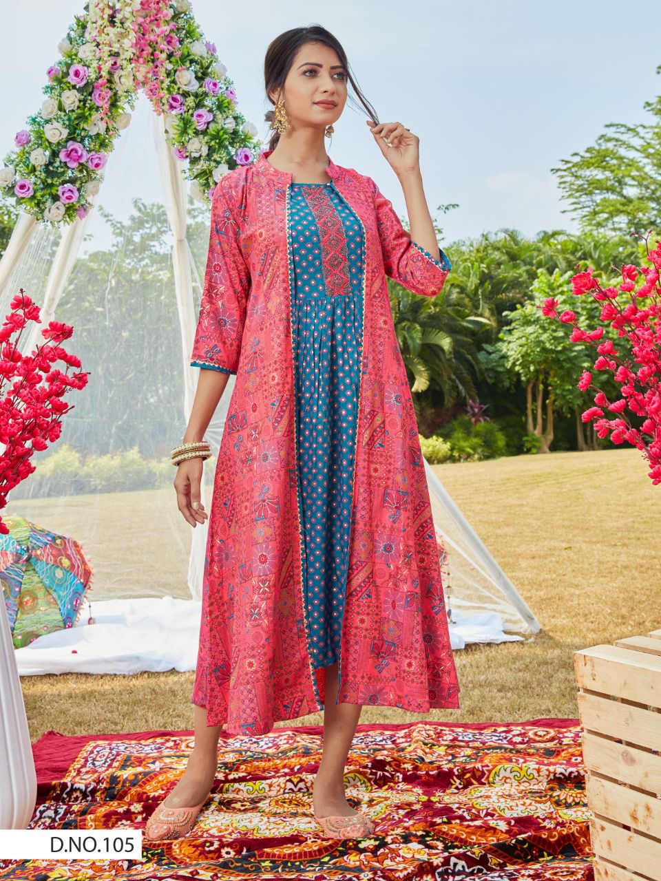 Vedic Ethnic Motifs Printed Cotton Maxi Dress With Long Shrug