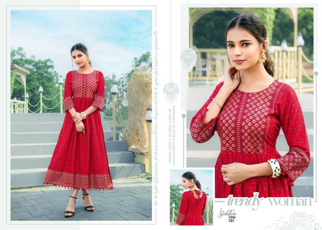 Pure cotton red Kurti is from our festive wear collection This is heavily  flared cotton Kurti with golden screen printing on the borders of the Kurti  On teaming up with good jewelry