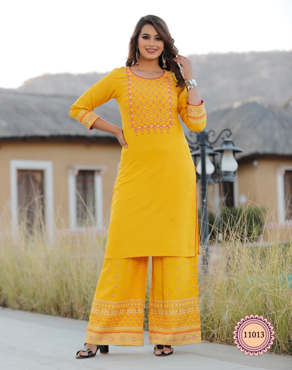 Yellow Crepe Bandhani Printed Straight Kurta Palazzo Set PKSET1003E – Ahika