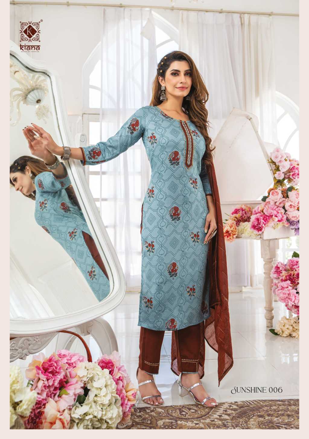 BLUE HILLS SUN SHINE RAYON PRINT WITH SAME FABRIC BELT WITH ACCESSORIES  LONG ANARKALI STYLE KURTIS WHOLESALE DEALER SURAT  Parakh International