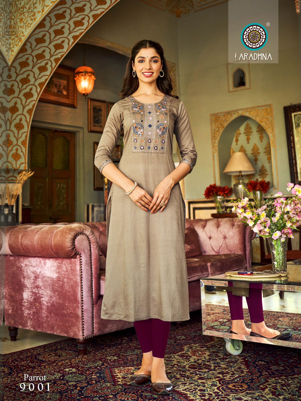 Parrot Green Embroidered Cotton Kurti