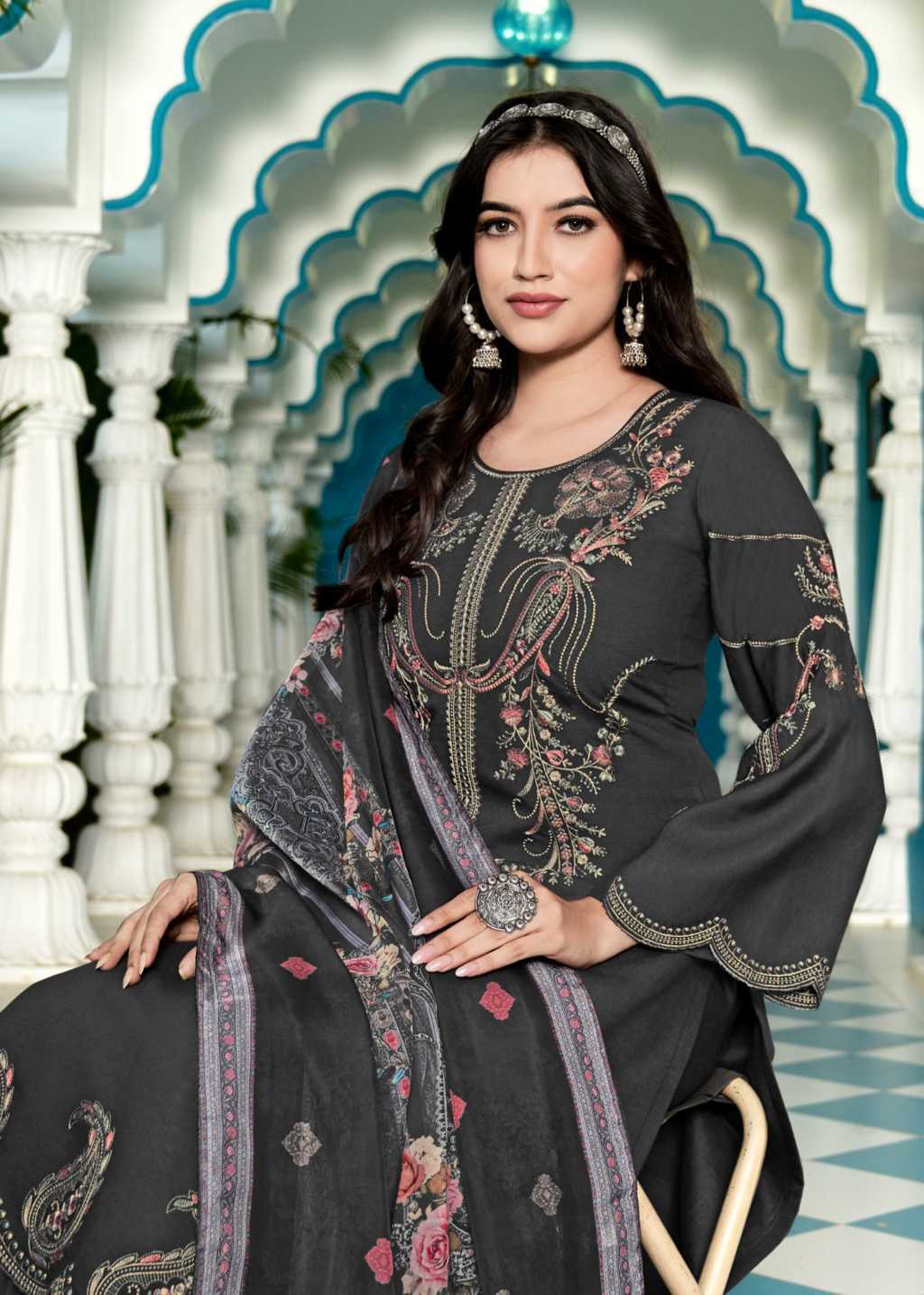 Embroidered Art Silk Punjabi Suit in Black : KCH6033
