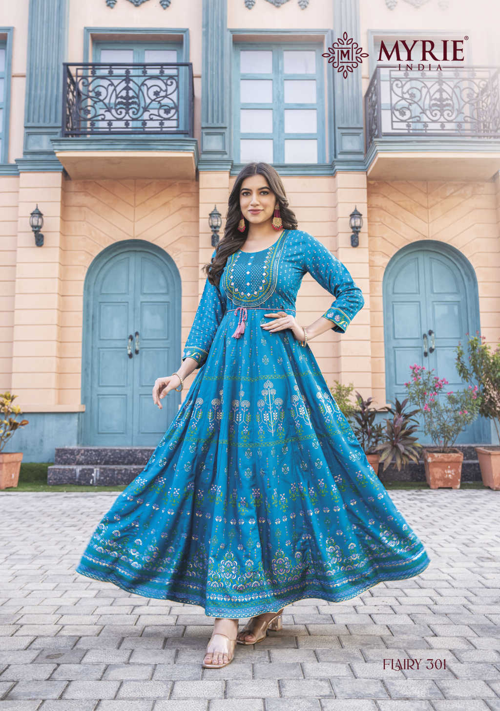 Mamta Vol 1 Dolphin Cotton With Flair And Anarkali Embroidery Work Kurti  Sky Blue Color DN 1002