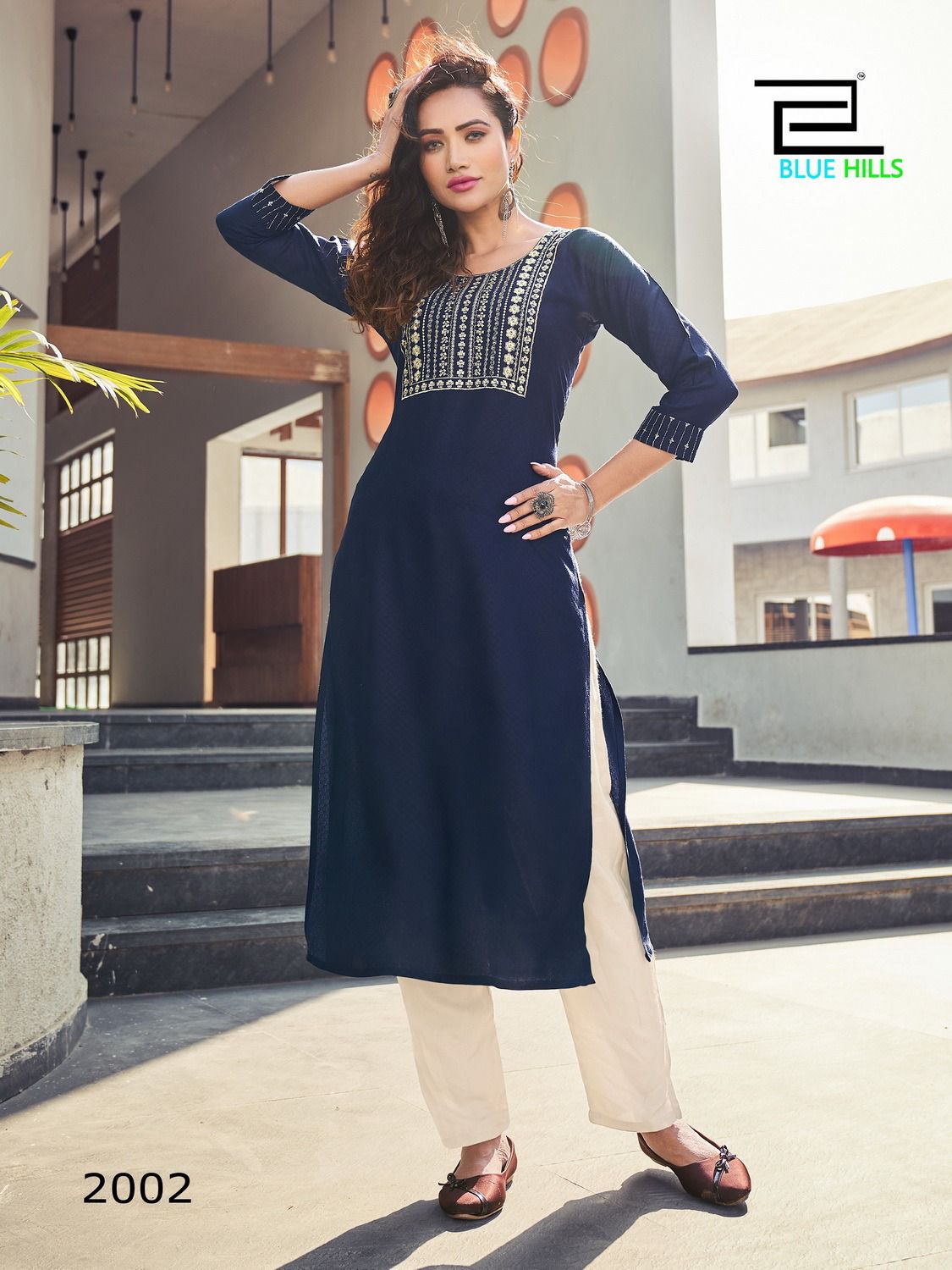 Buy Print Rayon Designer Kurti in Navy Blue Online