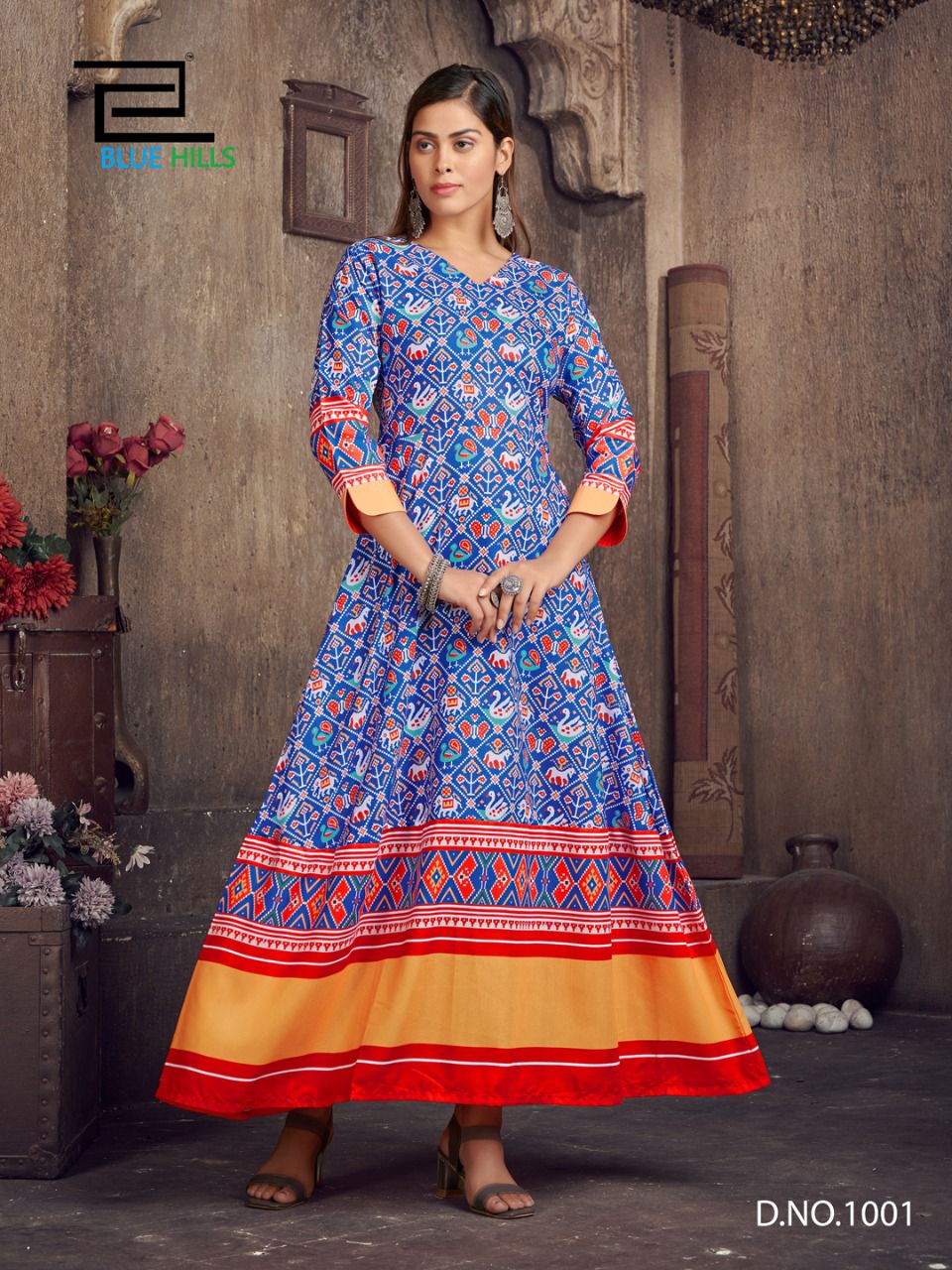 Buy Navy Blue A Line Kurta Set In Art Silk With Foil Printed Patola Design  And Ruffle Sleeves Online - Kalki Fashion