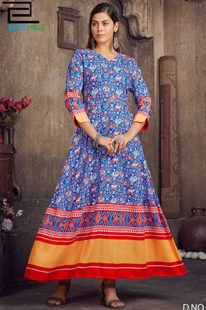 Buy Blue And Red Patola Print Cotton Silk Anarkali Suit In USA, UK, Canada,  Australia, Newzeland online