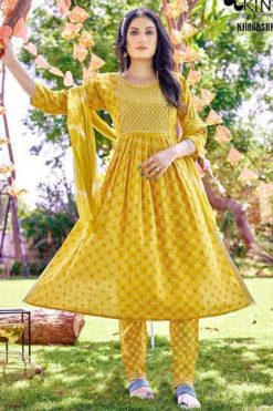 Kinti Khoobsurat Rayon Nayra Cut Kurti with Dupatta Bottom Catalog 6 Pcs