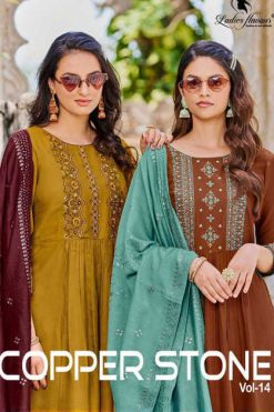 Ladies Flavour Copper Stone Vol 14 Kurti with Bottom Dupatta Cotton Viscose Catalog 5 Pcs