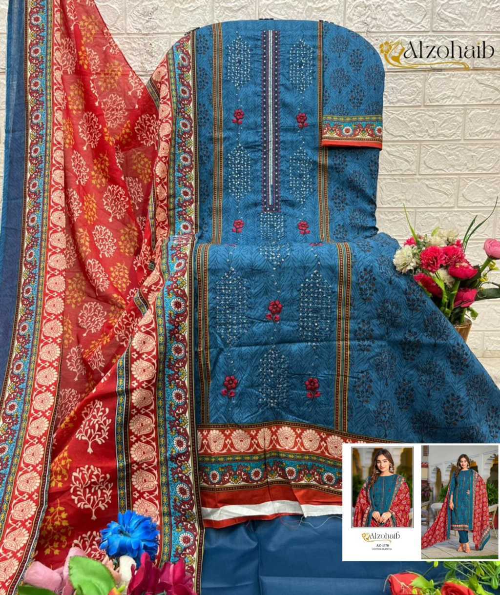 Alzohaib Asmaa Chiffon Cotton Salwar Suit Catalog 4 Pcs (8) Alzohaib Asmaa Chiffon Cotton Salwar Suit Catalog 4 Pcs - Image 9