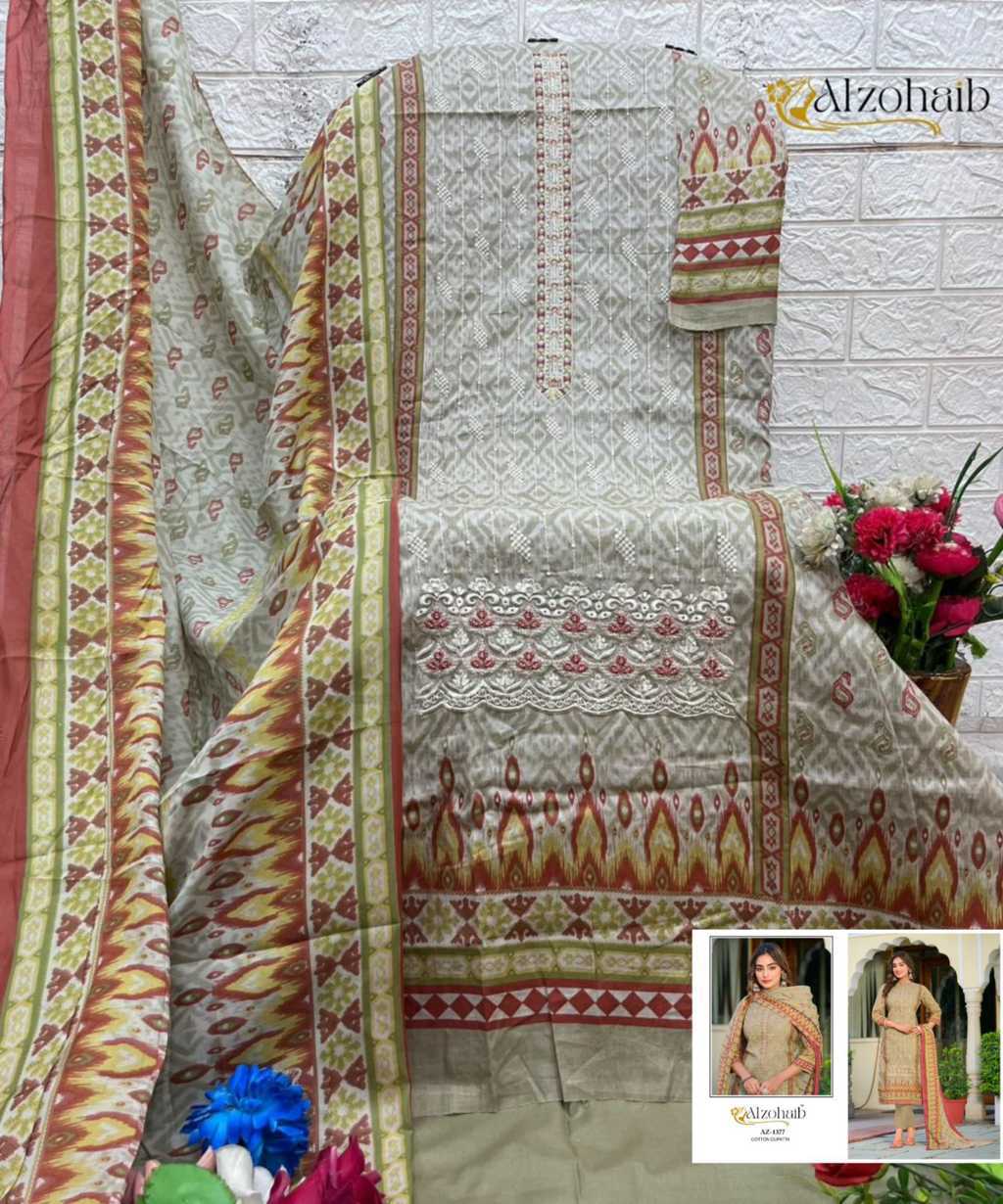 Alzohaib Farha Chiffon Cotton Salwar Suit Catalog 4 Pcs (6) Alzohaib Farha Chiffon Cotton Salwar Suit Catalog 4 Pcs - Image 7