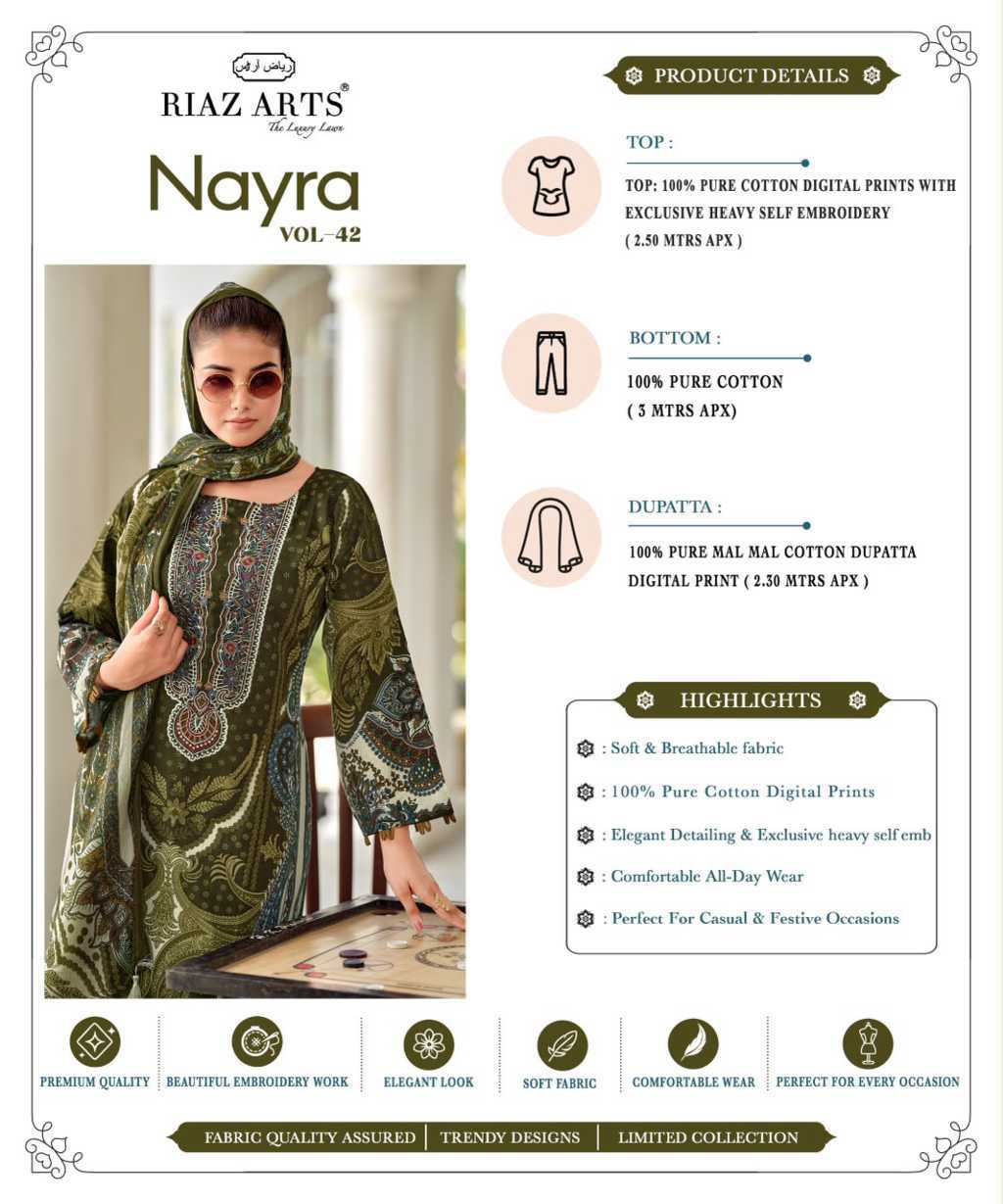 Riaz Arts Nayra Vol 42 by Mumtaz Arts Cotton Salwar Suit Catalog 8 Pcs (26) Riaz Arts Nayra Vol 42 by Mumtaz Arts Cotton Salwar Suit Catalog 8 Pcs - Image 27
